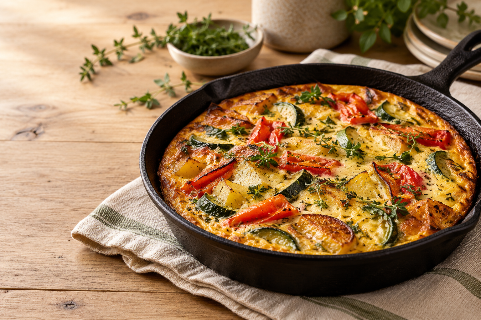 Roast vegetable frittata with fresh herbs in a cast iron pan